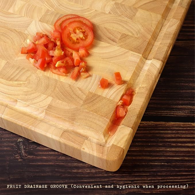 End Grain Cutting Board (20 x 15 x1.5 inch) Extra Large & Thick, End Grain Built-In Compartment and Juice Canal, Heavy Duty Chopping Board, Thick Carving Board for Bread Fruits Meat