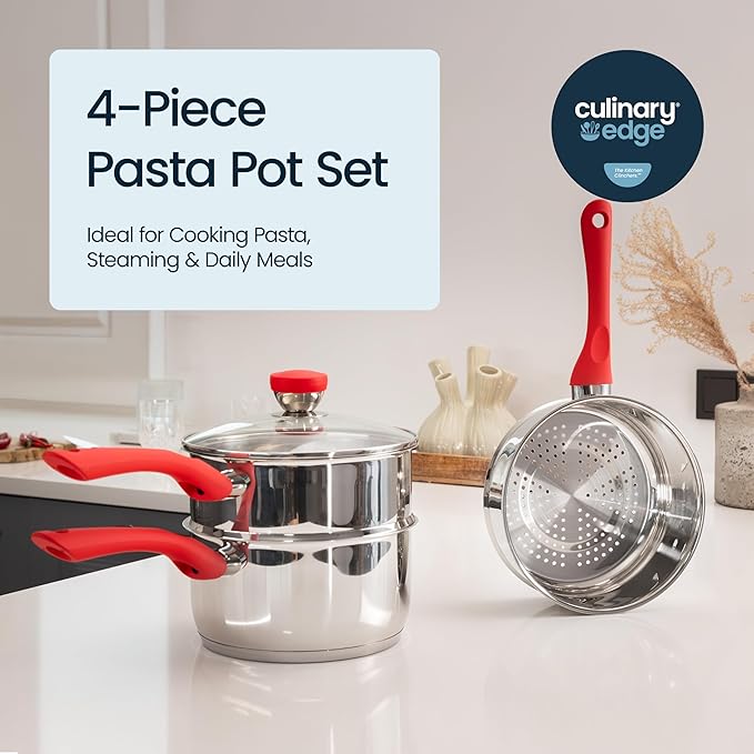Culinary Edge Stainless Steel Nonstick 4-Piece Double Boiler Set Saucepan and Steamer