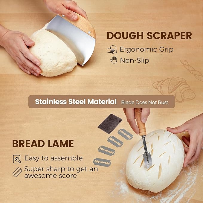 Banneton Bread Sourdough Proofing Basket - Sourdough Starter Kit Set Of 2, Sourdough Bread Baking Supplies 10" Oval Set of 2, Bread Proofing Basket with 6 Accessories