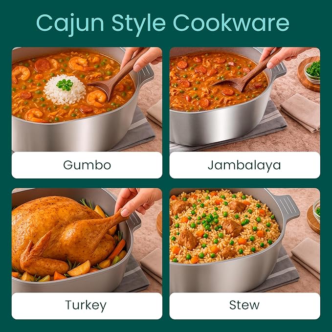 Cast Aluminum Oval Dutch Oven with Lid — 5 QT Heavy Duty Roaster Pan with Rack & Silicone Cover Dual Handles — Cajun Cookware for Roasting, Baking, Cooking (11" Small)