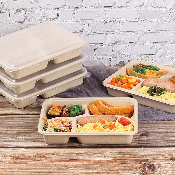 Sugarcane Fiber 23 oz 4 Compartments disposable plates with Lids Bagasse Plant Fibers Freezer Safe 50 PACK