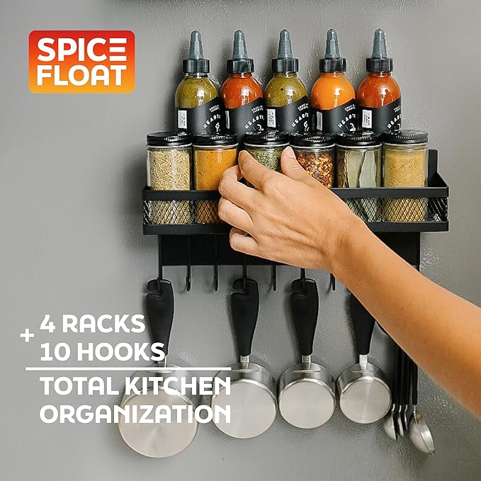 SPICE FLOAT Magnetic Spice Organizer Racks - 4 Premium Metal Racks + 1 Hanging Hook Bar Kitchen Shelf - Seasoning Organizer For Kitchen Appliances (3.94" x 12.2" x 3.15")