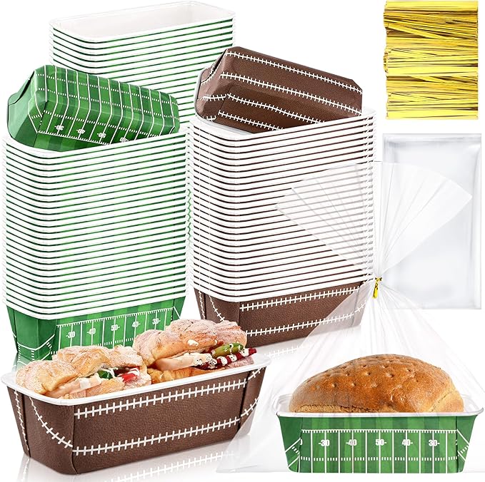 Honeydak 100 Sets Football Game Paper Baking Pans Bulk Paper Mini Loaf Pans with Bags for Baking 6.3 x 2.2 x 2.2 in Disposable Serving Trays Field Ball Pattern the Big Game Party Supplies (Football)