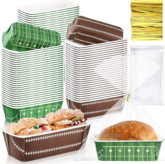 Honeydak 100 Sets Football Game Paper Baking Pans Bulk Paper Mini Loaf Pans with Bags for Baking 6.3 x 2.2 x 2.2 in Disposable Serving Trays Field Ball Pattern the Big Game Party Supplies (Football)