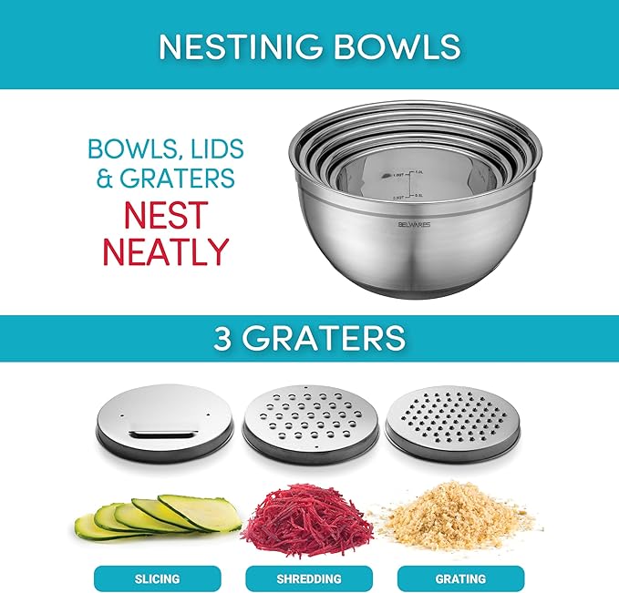 Belwares Mixing Bowls Set with Airtight Lids - 8PCS Stainless Steel Nesting Mixing Bowls Non-Slip with 3 Grater Attachments, Kitchen Bowls, Sizes 5, 4, 3.5, 2, 1.5QT Baking & Food Prep (Matte Black)