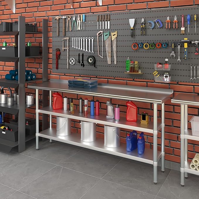 AmGood Stainless Steel Work Table with 1.5" Backsplash and 2 Shelves | Metal Kitchen Food Prep Table | NSF (72" Long x 18" Deep)