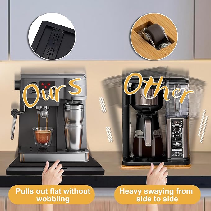 MinBoo Bamboo Appliance Slider,Sliding Tray for Coffee Maker, Kitchen Countertop Appliance Rolling Tray,Slides Easily from Under The Cabinet,Wide -Black- Large (16" Wx13 D)