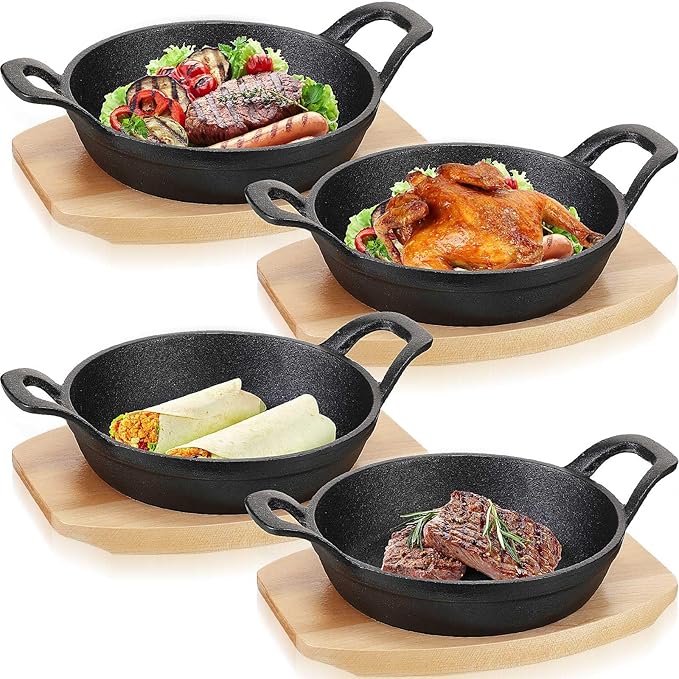 Sliner 4 Sets Mini Cast Iron Skillet Small Cast Iron Plates Skillet with Wooden Base Small Round Pan Fajita Plate Pot for Baking Cooking(7.9 Inches)