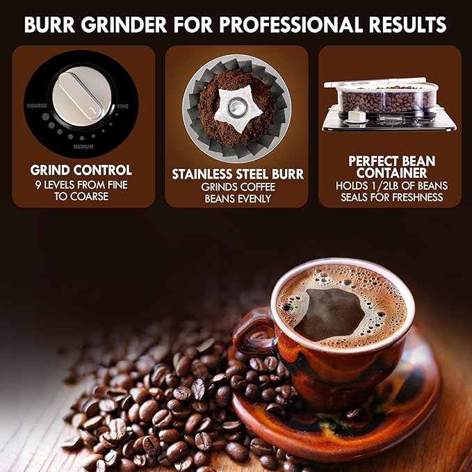 Kenmore Elite Grind and Brew Coffee Maker with Built‑In Burr Grinder, Automatic Drip Machine, 12‑Cup Programmable Brewer, Bean‑to‑Cup Cafetera, Stainless Steel Coffee Maker for Home & Office
