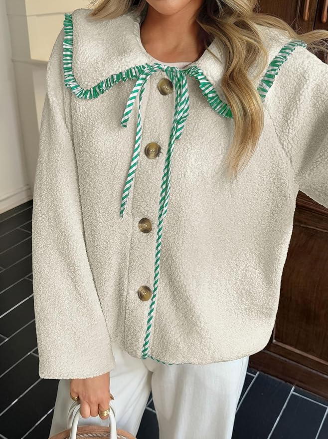 Tankaneo Womens Fuzzy Fleece Jacket Peter Pan Collar Button Down Fall Winter Sherpa Coats Colorblock Cute Warm Outerwear