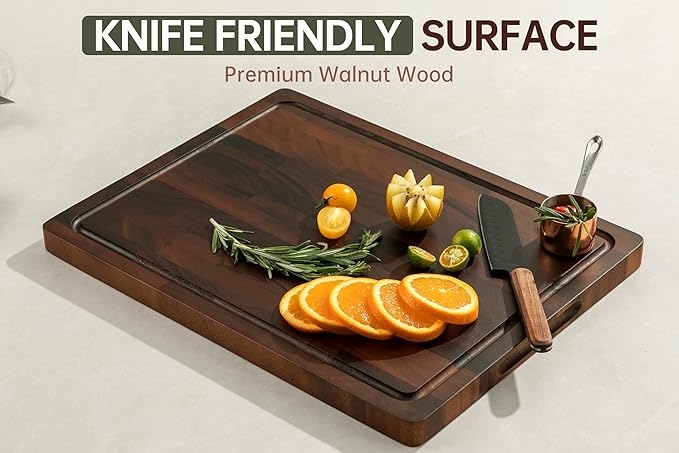 Walnut Cutting Boards For Kitchen, End Grain Wooden Cutting Board with Handle, Dark Walnut Chopping Board Double Sided Charcuterie Boards For Meat, Vegetables, Fruits, Cheese, 17”X13” X1”