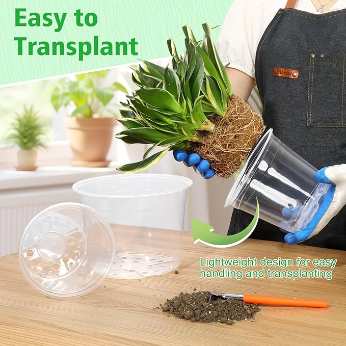 8 Inch Large Clear Nursery Pots with Drainage, 10 Pack Plastic Pots for Plants, Ideal Seedling Pots and Plant Pots for Vegetables, Orchids, Aloe, Indoor Outdoor Use (8 inch-10 Pack)