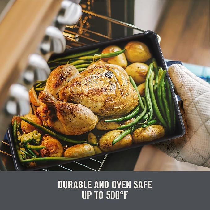 DASH Zakarian by Dash 9"x13" Nonstick Cast Iron Pan with Pour Spout and Removable Silicone Grips for Searing, Baking, Broiling, Grilling and more - Blue
