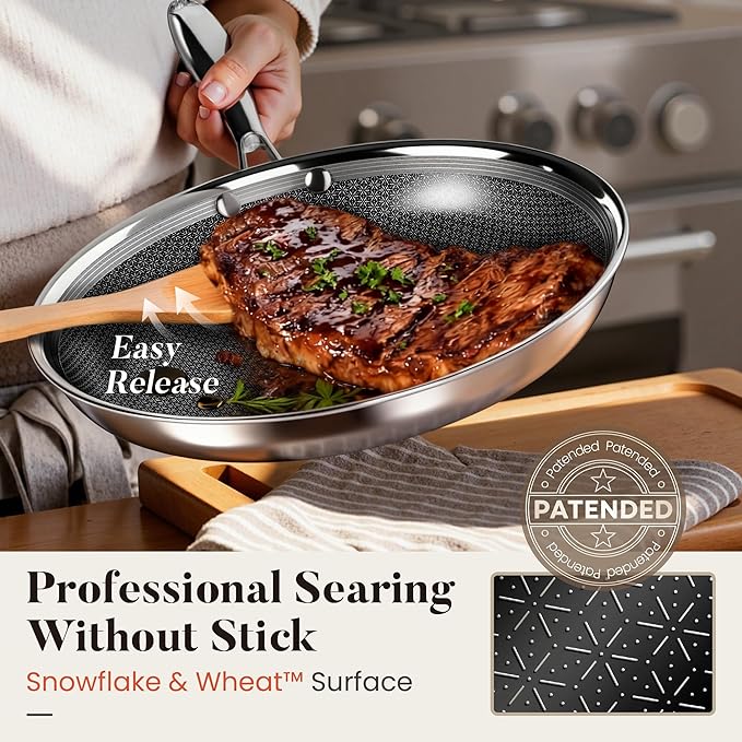 Kitchen Academy 8/10/12 Inch Stainless Steel Skillet Set, 3-Piece Tri-Ply Induction Frying Pans, Oven Safe & Dishwasher Safe, PFOA-Free Cookware
