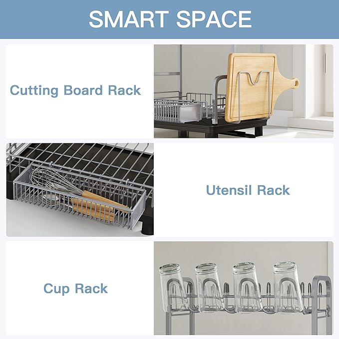 2 Tier Stainless Steel Large Capacity Dish Drainers Drying Rack for Kitchen Counter, Metal Gray Rust Proof Plate Strainers Holder On Countertop with Drainboard Tray, Space Saving, Aesthetic Modern