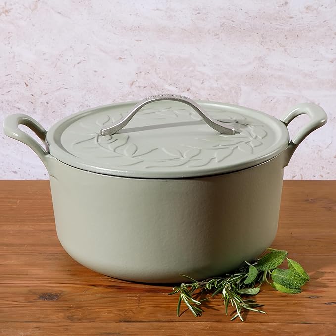 Bloomhouse - Two Time Oprah's Favorite Things Winner - 7 Qt Cast Iron Dutch Oven W/Embossed Lid, European Enamel, & Olive Wood Trivet - Matte Sage
