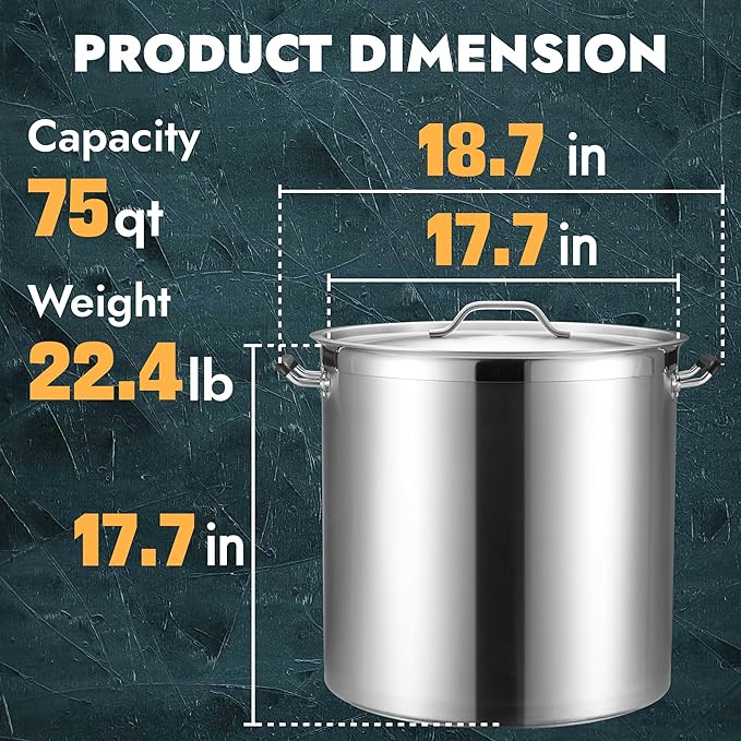 CURTA 75 Quart Large Stock Pot with Lid - Bottom Width 17.7 Inches - NSF Listed 3-Ply Clad Base 18/8 Stainless Steel Commercial Induction Ready Cookware