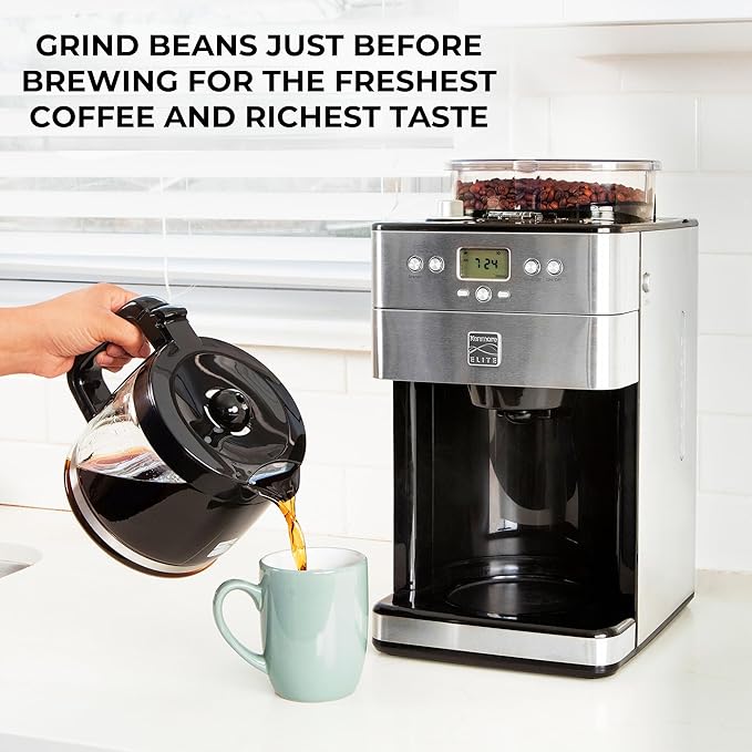 Kenmore Elite Grind and Brew Coffee Maker with Built‑In Burr Grinder, Automatic Drip Machine, 12‑Cup Programmable Brewer, Bean‑to‑Cup Cafetera, Stainless Steel Coffee Maker for Home & Office
