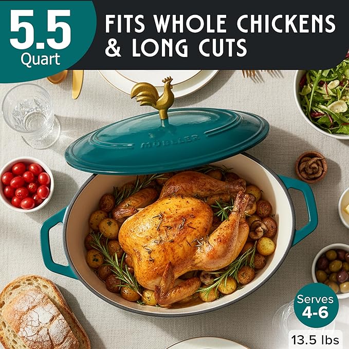 MUELLER HOME 5.5 Quart Enameled Cast Iron Oval Dutch Oven with Rooster Knob and Cotton Potholders, Heavy-Duty Cookware, Oven-Safe up to 500° F & Across All Cooktops, Thanksgiving Essentials, Emerald