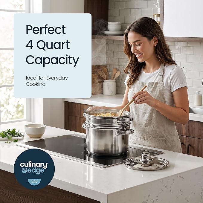 Culinary Edge 4-Piece Multi Cooker Stainless Steel Steamer Pot | Stockpot, Pasta Insert, Steamer Basket & Glass Lid | Pasta Pot Cooking Set for Meat, Vegetables, Seafood, Tamales, Soup & More | 4 Qt