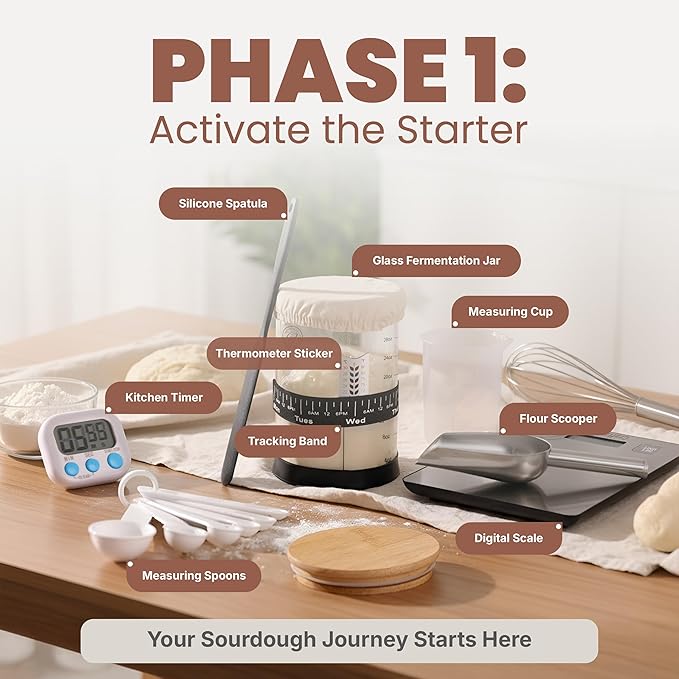 Super All-Inclusive 𝗣𝗥𝗘𝗠𝗜𝗨𝗠 Sourdough Starter Kit with Pot - Sourdough Bread Baking Supplies, Scale, Oval & Round Baking Slings, 4 proofing Baskets, Bowl, Timer, Beginner Guide Recipes