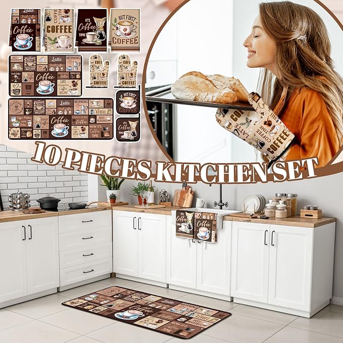 10 Pcs Coffee Kitchen Decor and Accessories Coffee Oven Mitts and Pot Holders Set Dish Towels Farmhouse Kitchen Decor Vintage Brown Gloves for Chef Baking Cooking Grilling BBQ Women Gift