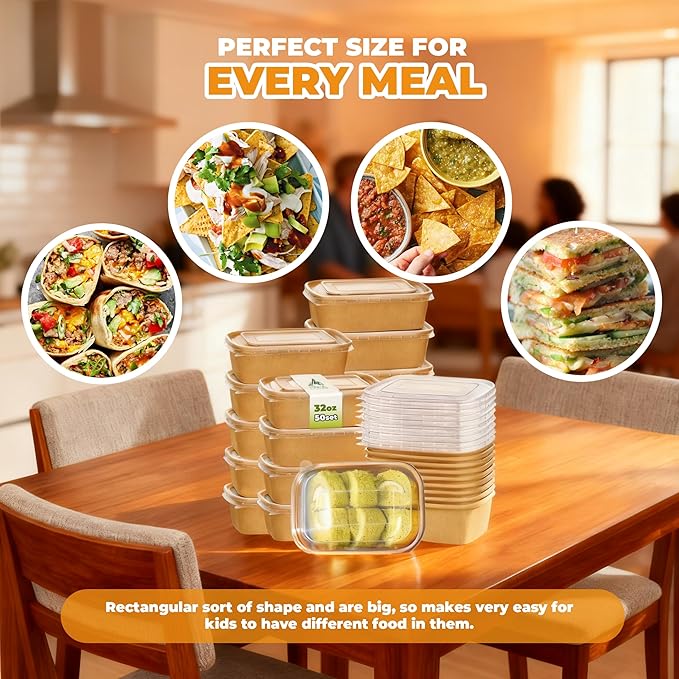50 Pack 32 OZ Large Paper Bowls with Lids【with Spoons and Forks】, Heavy Duty Disposable Meal Prep Containers for Party, Disposable Bowls Bulk Soak-Proof and Microwave Safe for Hot/Cold Use