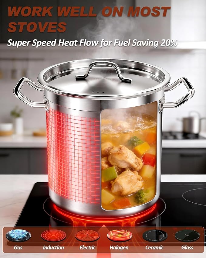 35 Quart Stainless Steel Cooking Pot - Stock Pot with Lid - Large Soup Pot for Cooking, Stew, Pozole, Pasta - Induction Compatible - Ideal for Home & Commercial Use