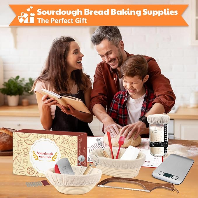 Sourdough Starter Kit with Scale, Banneton Bread Proofing Basket, Sour Dough Starter Jar, Complete Sourdough Bread Baking Supplies Tools, Full Sourdough Bread Making Tool, Gift Set for Bakers Beginner