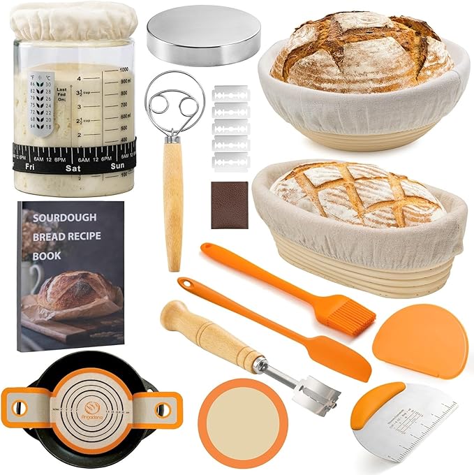 Sourdough Starter Kit, Sourdough Bread Baking Supplies,40oz Sourdough Starter Jar, 9" Round & 10"Oval Rattan Banneton Bread Proofing Baskets Set, Bread baking tools,Silicone bread Sling