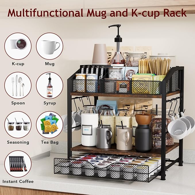 Coffee Bar Organizer - Countertop Coffee Station, 42 K Cup holder Storage Basket with Drawer and Hooks for Syrup, Cups, Stirrer, Condiment, Tea Organizer, Black and Brown