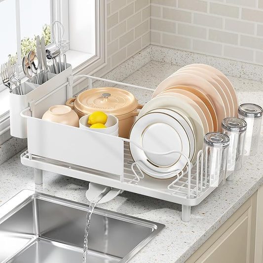 Dish Drying Rack Large Capacity - Stainless Steel Dish Rack for Kitchen Counter with Drain Board, Rustproof Dish Drainer with Auto Drain Spout, Utensil Holder & Glass Holder, Dinnerware Organizer
