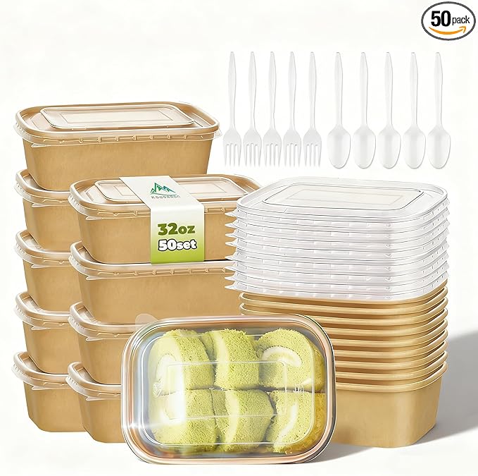 50 Pack 32 OZ Large Paper Bowls with Lids【with Spoons and Forks】, Heavy Duty Disposable Meal Prep Containers for Party, Disposable Bowls Bulk Soak-Proof and Microwave Safe for Hot/Cold Use