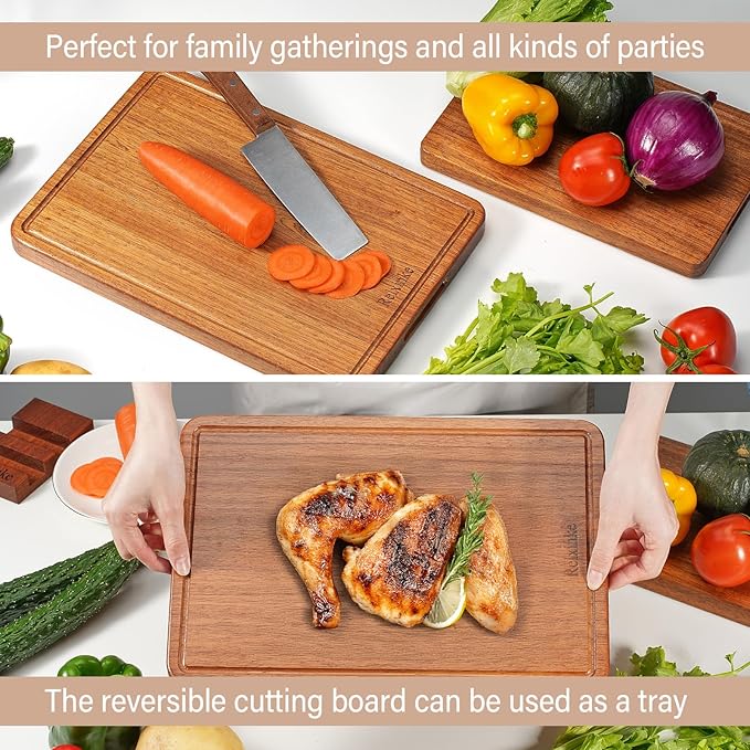 Solid Teak Wood Cutting Board Set One Piece Non Glued Large Thick Crack Resistant Wooden Chopping Board with DeepJuice Grooves Built in Handles for Kitchen Meat Vegetable 14x9.5 IN &11X7 IN