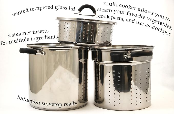 ExcelSteel 12 Qt Multifunction Stainless Steel Pasta Cooker with Encapsulated Base, Vented Glass Lid, and Riveted Silicone Covered Handles
