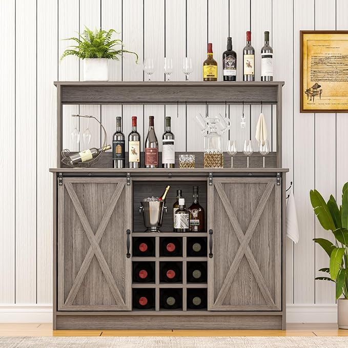 4ever2buy Farmhouse Coffee Bar Cabinet with Hutch, 47 Inch Wine Bar with Storage, Buffet Cabinet with Adjustable Shelves & 9 Wine Racks, Kitchen Buffet Cabinet for Dining Living Room, Grey