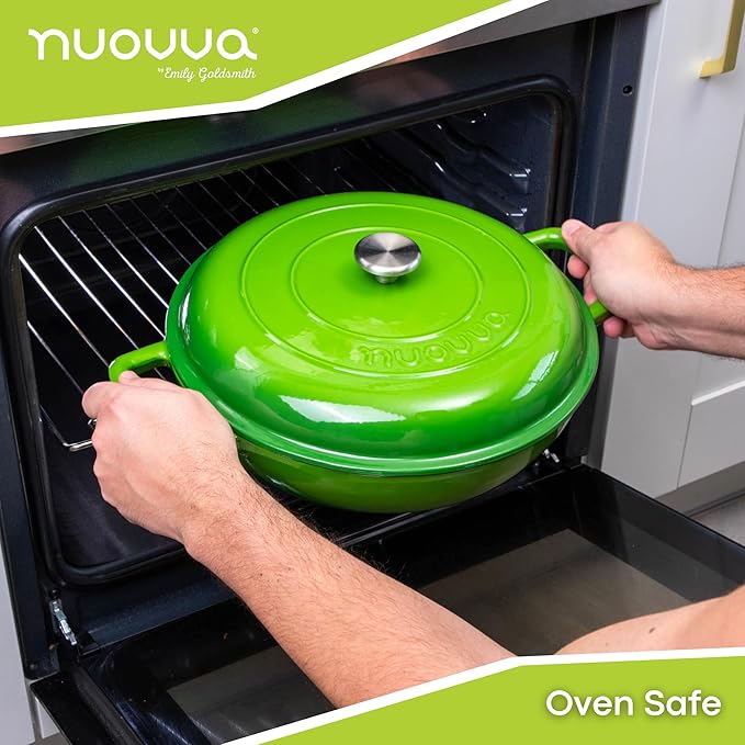 Shallow Cast Iron Casserole with Lid – Non Stick Dutch Oven Pot, Oven Safe up to 500° F – Sturdy Ovenproof Stockpot Cookware – Enamelled Cooking Pot – Green, 5-Quart, 32cm – by Nuovva