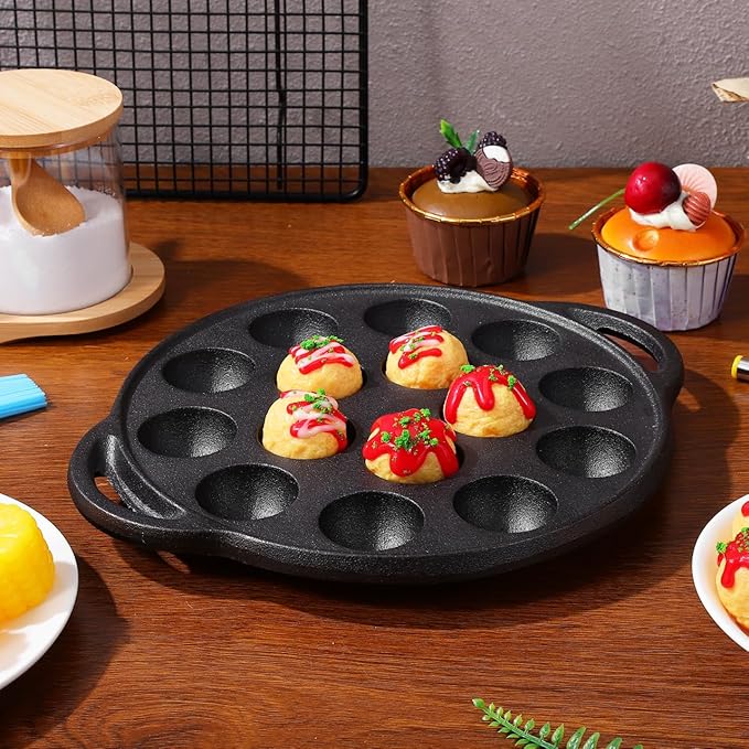 Cast Iron Takoyaki Pan with 15 Holes, Non-Stick Escargot Plate for Snails and Meatballs, Includes Forks and Brush, Compact Size for Home and Professional Use
