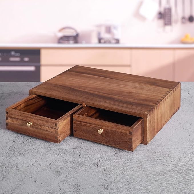 Acacia Wood K Cup Organizer Drawer, Coffee Pod and Tea Storage Box with Non-Slip Pad, 30 Pod Capacity Under Brewer, Countertop Coffee Station Holder for Machine Stand