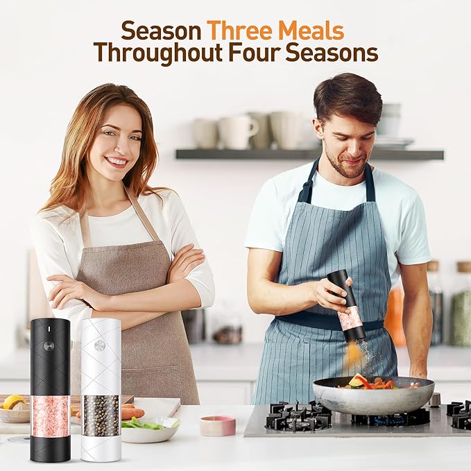 Rechargeable Salt and Pepper Grinder Set with LED Light, Adjustable Coarseness shakers, One-Hand Operation for Kitchen Appliances Christmas Gift Sets for Women(2 Pack Upgrade Black)