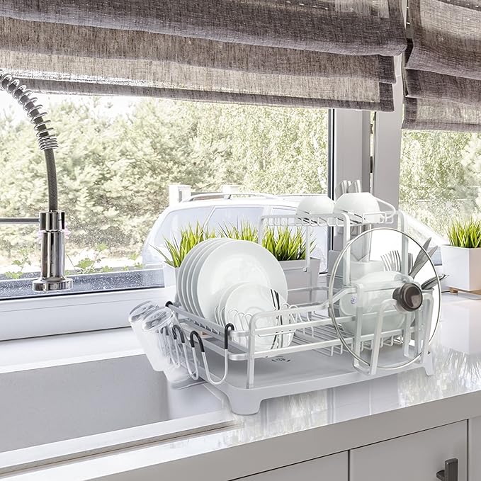 Evelyne GMT-10353-B Aluminum Dish Drying Rack with Utensil Holder - 2 Tier Kitchen Countertop Rust Proof Dish Rack Lid Hanger and Drainboard Set - Large Dish Organizer Rack