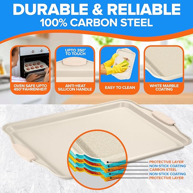 Baking Pan Set - Nonstick Coating, Carbon Steel Bakeware Set with White Silicone Handle, PFOA, PFOS, PTFE Free, Recipe Booklet Included, Oven Safe Tray (Up To 450° F) Set of 25 - White