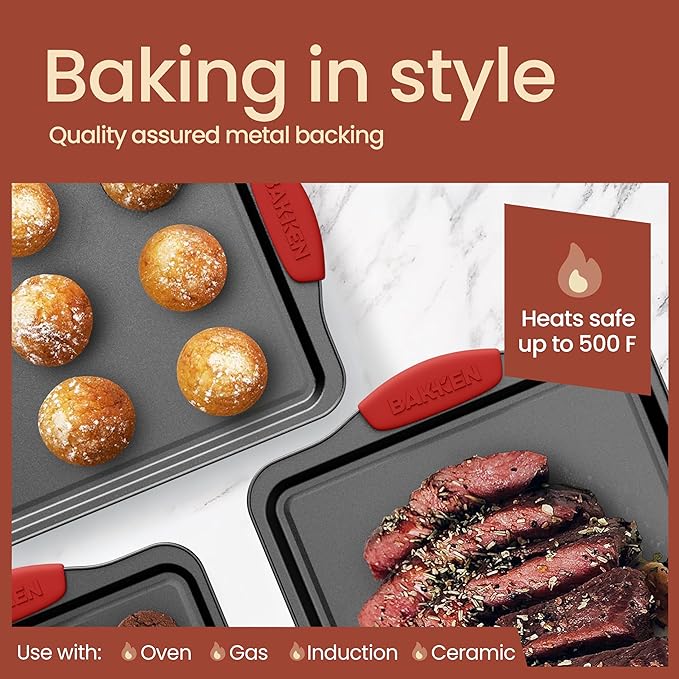 BAKKEN 8-Piece Kitchen Oven Baking Pans Set - Deluxe Nonstick Gray Marble Coating, Professional Grade Carbon Steel Bakeware with Silicone Handles - Oven, Dishwasher, and Freezer Safe