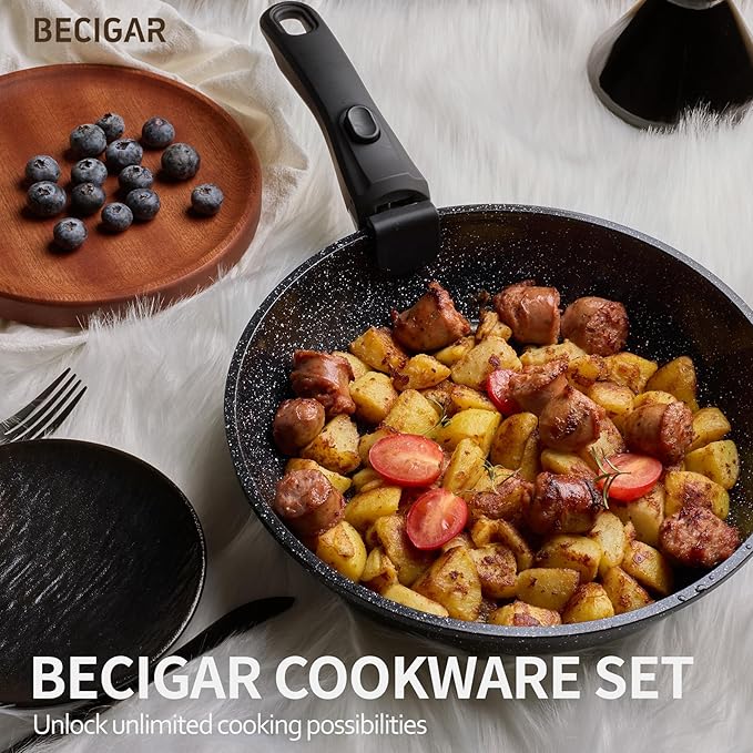 23pcs Ceramic Pots and Pans Set, Nonstick Detachable Handle Cookware, Induction Kitchen Cooking Set with Removable Handle,include Frying Pans & Saucepans Oven Safe (Black)