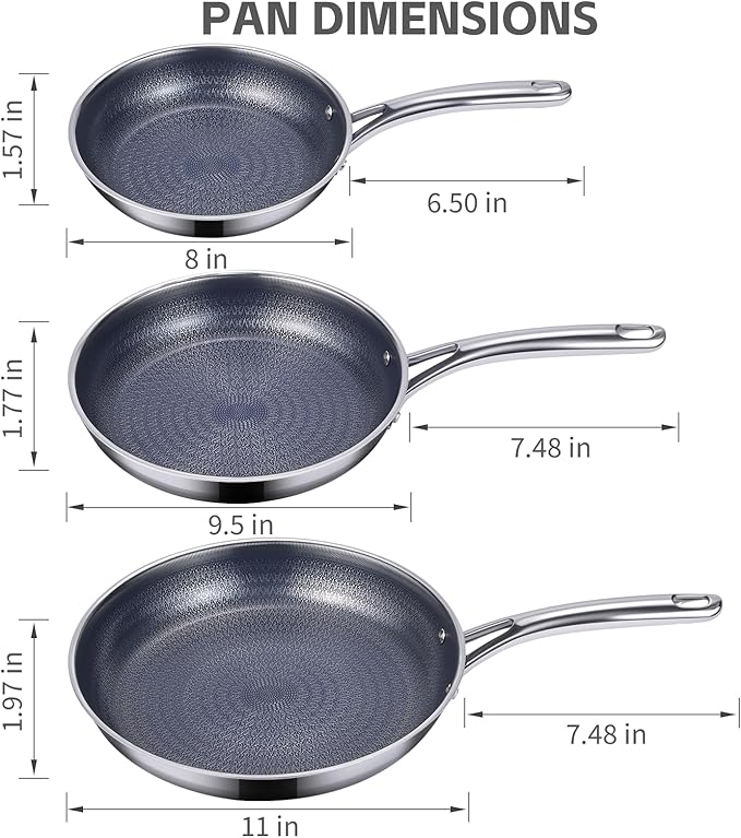 Ammeloo Hybrid Tri-Ply Stainless Steel Frying Pan Set, 8"/9.5"/11" Cooking Pans, Non Stick Frying Pans and Skillets, Chef Pan, Blue Interior, Non Toxic, Dishwasher Safe, Induction Compatible