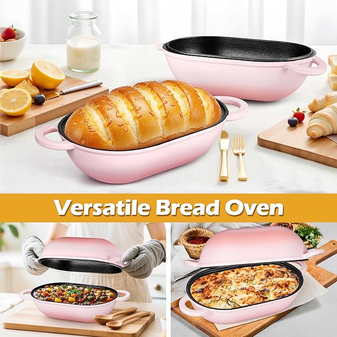 Homikit Enameled Cast Iron Dutch Oven for Bread Baking, 2.8 QT Oval Bread Oven Pot with Lid, 9.5 x 5.7 Inch Sourdough Loaf Baking Pan for Homemade Bread, Heavy Duty & Oven Safe, Pink