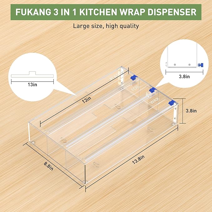 Kitchen Wrap Organizer, Foil and Plastic Wrap Organizer 3 in 1 with Sliding Cutter, Acrylic Wrap Dispenser for Drawer or Wall Mount, Fits 12 Inch Rolls