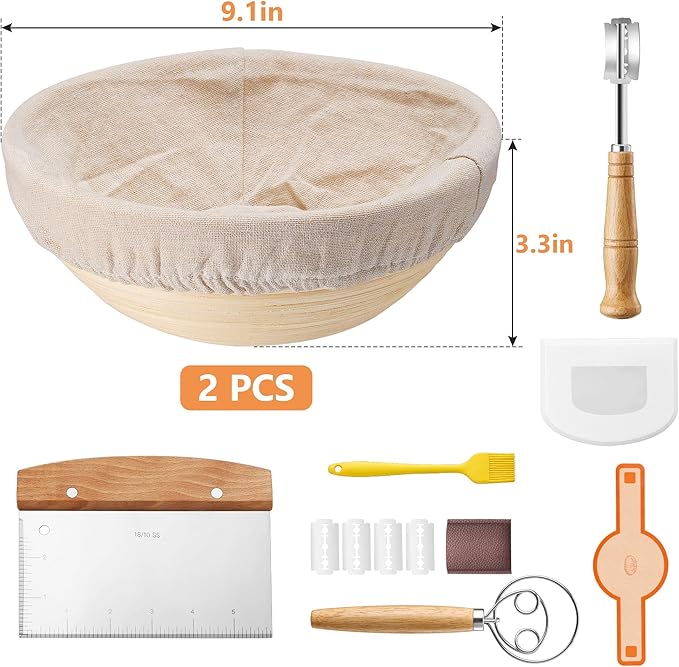 E-far Bread Proofing Basket Set of 2, 9 Inch Round Sourdough Bread Baking Supplies, Complete Sourdough Starter Kit for Beginners