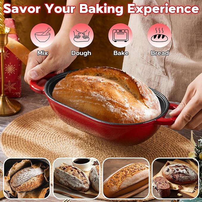 Onader Oval Dutch Oven for Bread Baking, 9x5-1/2 Inch Cast Iron Sourdough Bread Loaf Pan with Lid, Enameled Cast Iron Dutch Oven Pot, 2.8QT Meatloaf Pan, Heavy Duty - Red
