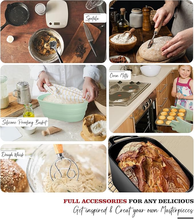 Dutch Oven for Bread Baking-Sourdough Bread Baking Supplies Starter Kit, 11" Oval Bread Proofing Basket 3.6QT Oval Cast Iron Pot Bread Pan with Lid